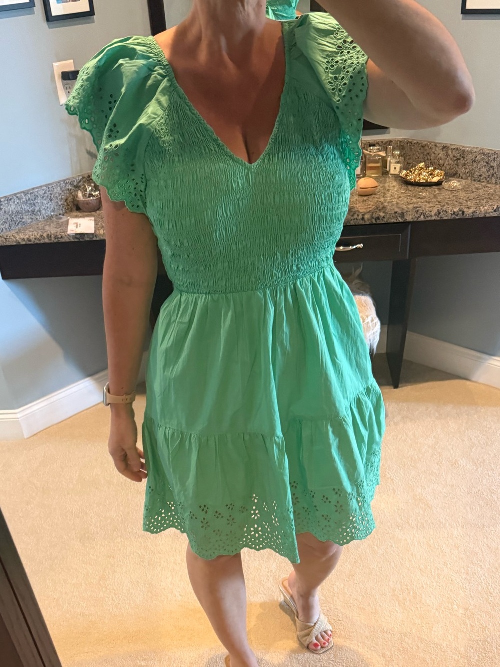 GAP Mint Green Smocked V-Neck Eyelet Mini Dress